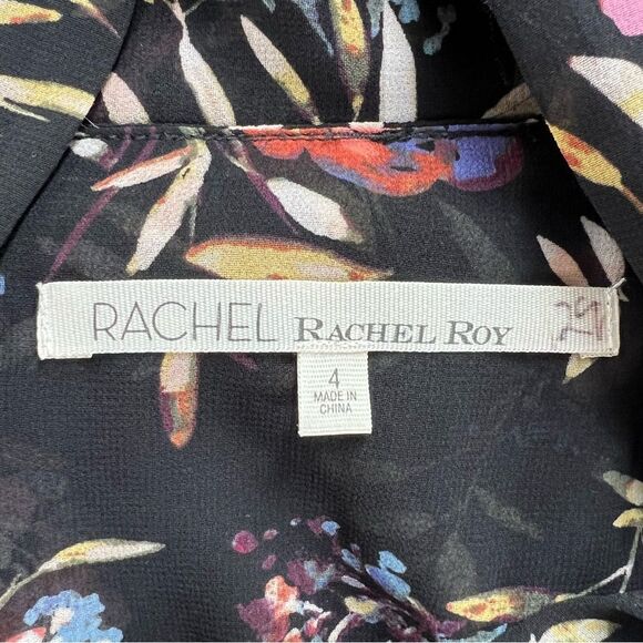 Rachel Rachel Roy Tie Neck Black Chiffon Sheer Sleeve Floral Mini Dress Size 4 - Picture 16 of 16